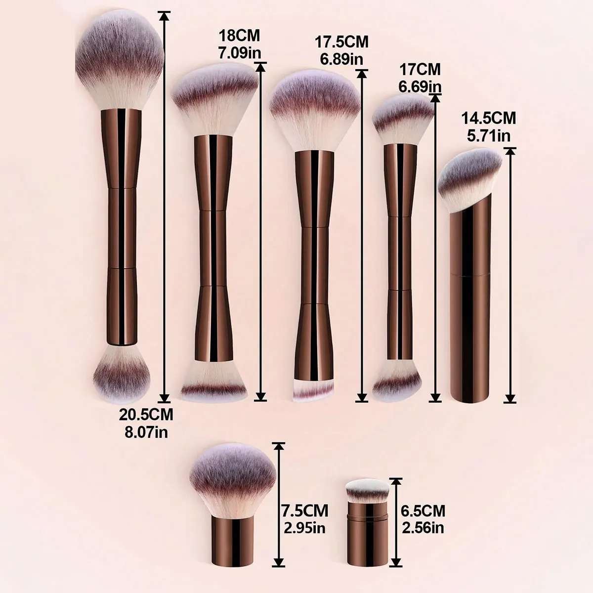 Set di pennelli per trucco professionale da 7 pezzi, include: 4 pennelli per il viso a doppia estremità, 1 pennello angolato, 1 pennello per fondotinta con manico corto,