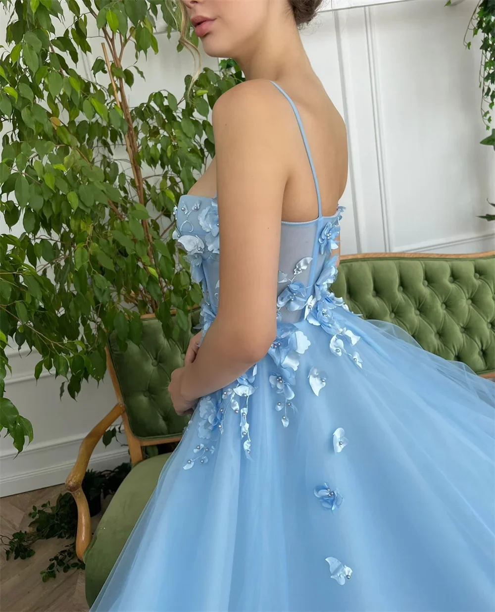 Sansa Sweet A-line Baby Blue فساتين السهرة Princess Spaghetti Strap Vestidos De Noche Romantic 3D Flower On Chest Prom Dresses