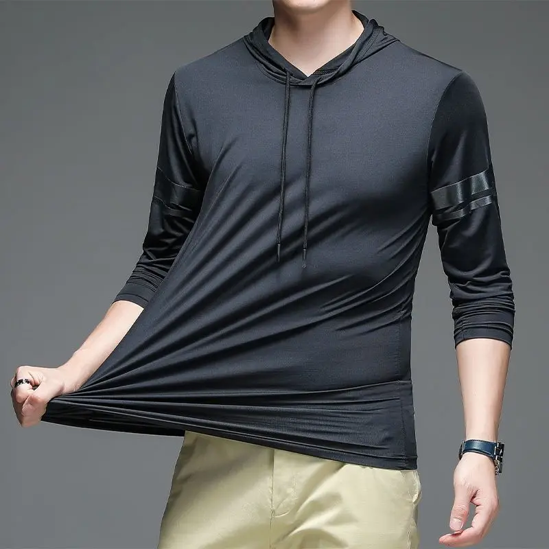 

Hooded Long-sleeved T-shirt Men's Trendy Ins Loose T-shirt Handsome Casual Student Sweatshirt Ice Silk Stretch Top