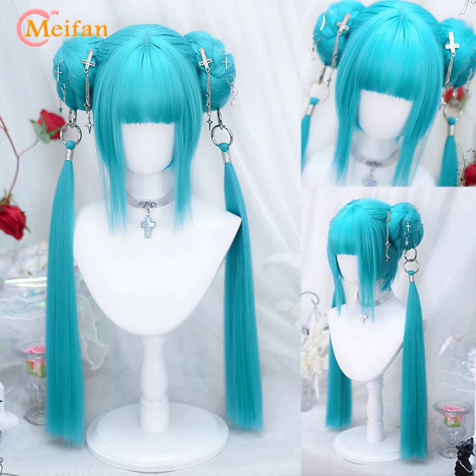 

MEIFAN Synthetic Short Straight Wig with Long Ponytail Hairbun Lolita Cosplay Party Harajuku Blue Wig With Bangs for Women