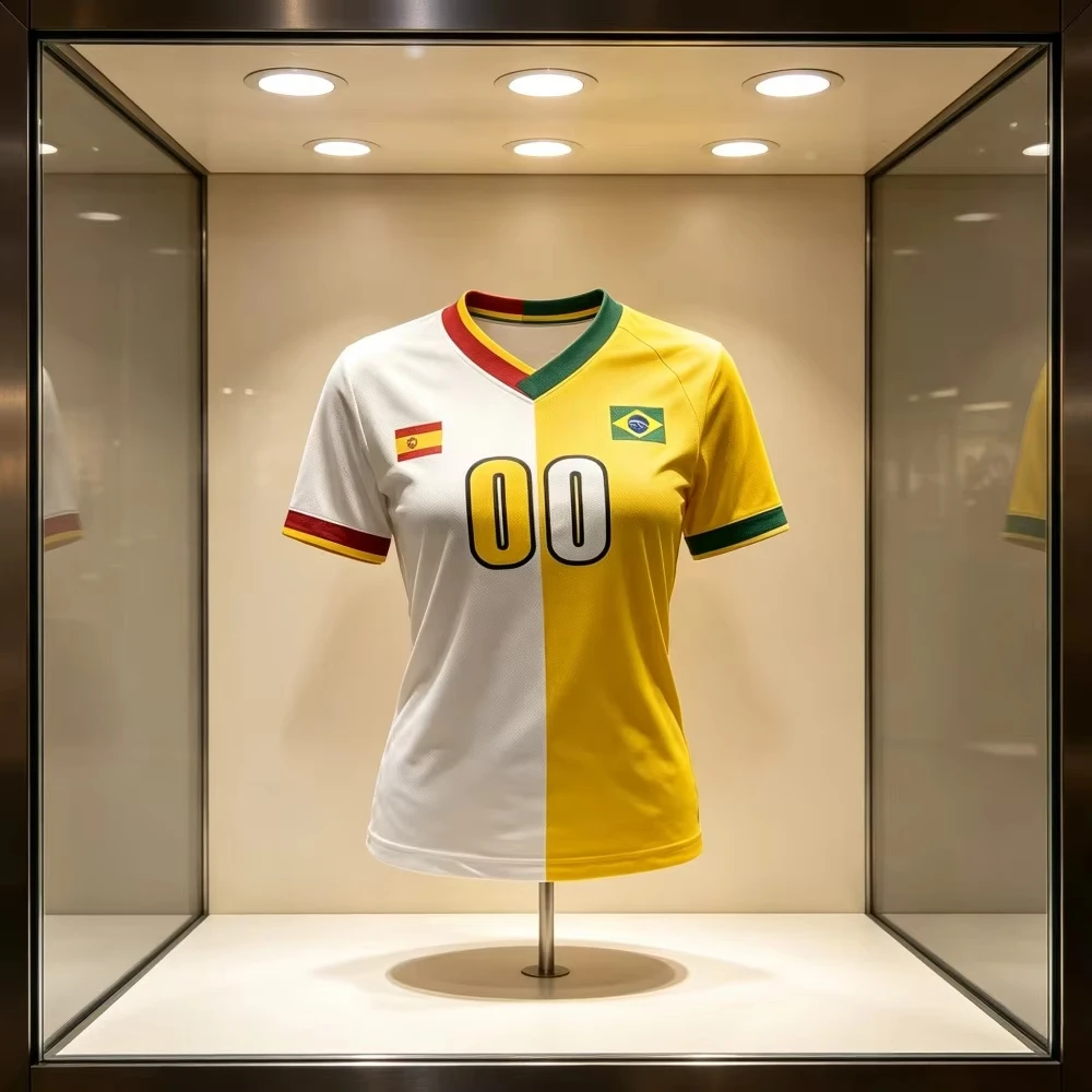 Retro Adult Spain Brazil Split Soccer Jersey V‑Neck 2026 Crest Fan Football Shirt Dual National Flag 00 Number Match Sport Top