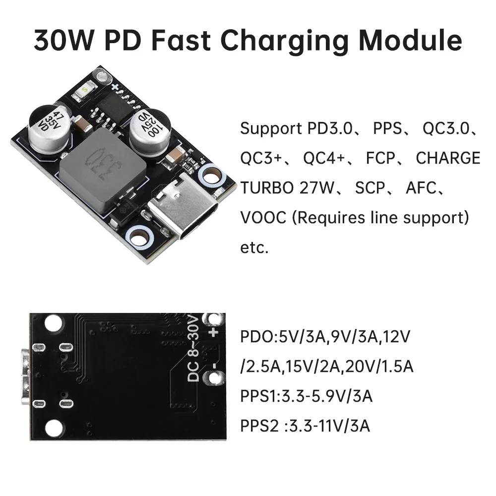 

Type-C QC3.0 PD3.0 DC-DC Buck Converter Charging Step Down Module 30W/45W 8-30V 9V 12V 24V to Fast Quick Charger Circuit Board