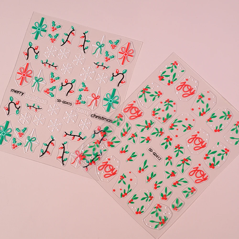 2pcs Christmas Holly Nail Art Stickers Xmas Flower Leaf Sliders New Year Winter Snowflake Adhesive Decals Manicure Decoration