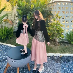 2025Mother and Baby Girl Matching Long Sleeve Dress Elegant Pretty Women's Dresses Korean Parent-child Mom Daughter Kids Clothes