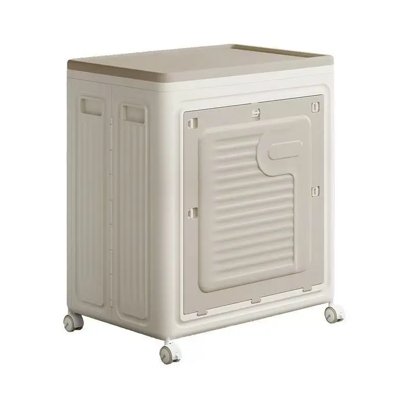 Foldable Storage Box With Wheels, Beige Plastic Stackable Storage Bin With Door, Portable Waterproof Storage Container For Home