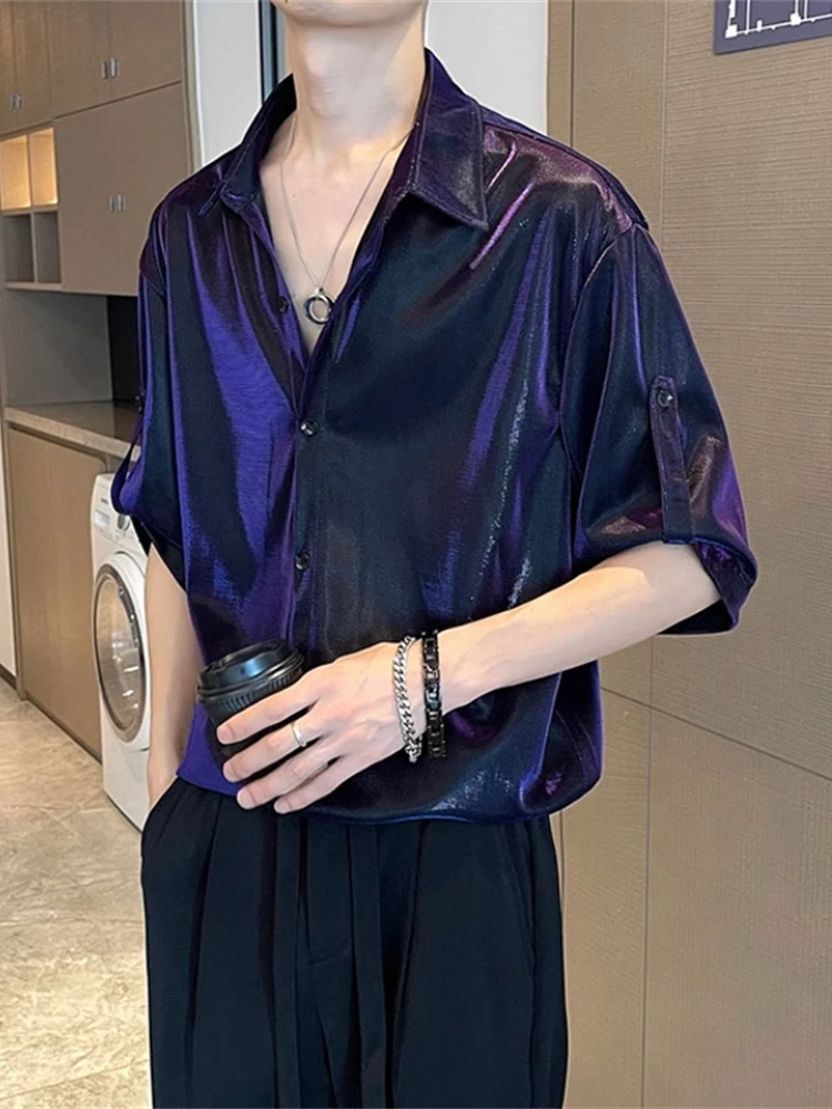 

Мужская атласная рубашка-поло фиолетового цвета, молодежная, трендовая, летняя, высококачественная, повседневная одежда