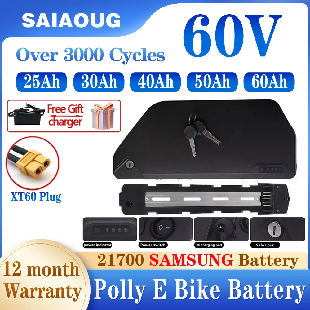 

300W-3000W 60V 50Ah Ebike Battery Pack Polly Downtube eBike Scooter 21700 Lithium ion Battery For Electric Bicycle+Security Lock