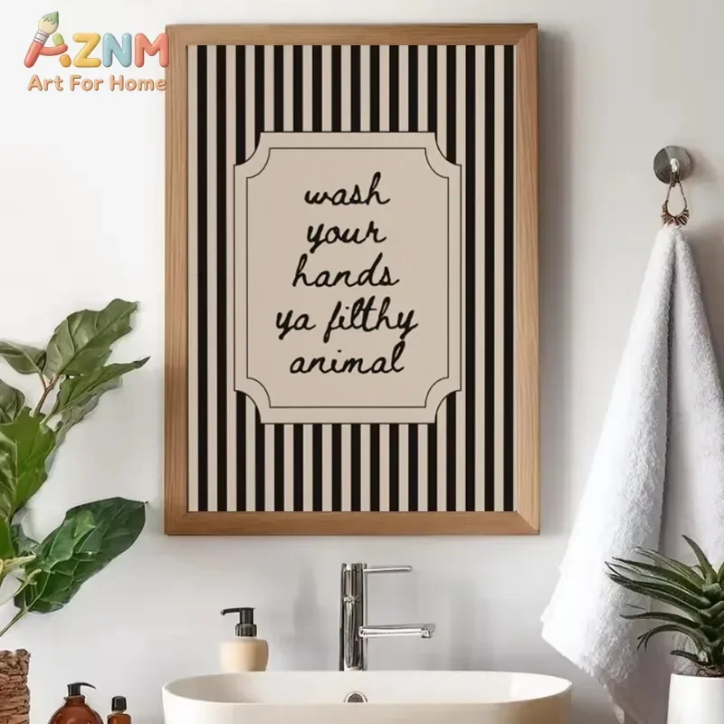 AZNM Black Beige Vertical Striped Text Quote Canvas Wall Art, Retro Label Frame Handwritten Words Print, Funny Bathroom Typograp