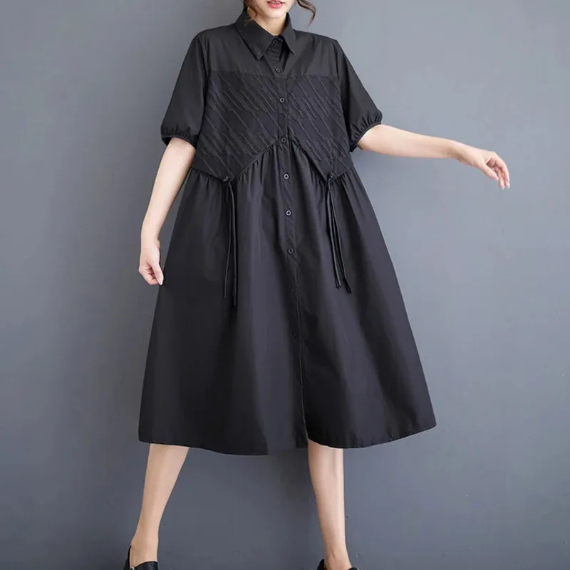 

#3894 Black Vintage A-line Dress Women Short Sleeve Loose Split Joint Retro Asymmetrical Midi Dress Ladies Front Buttons Summer