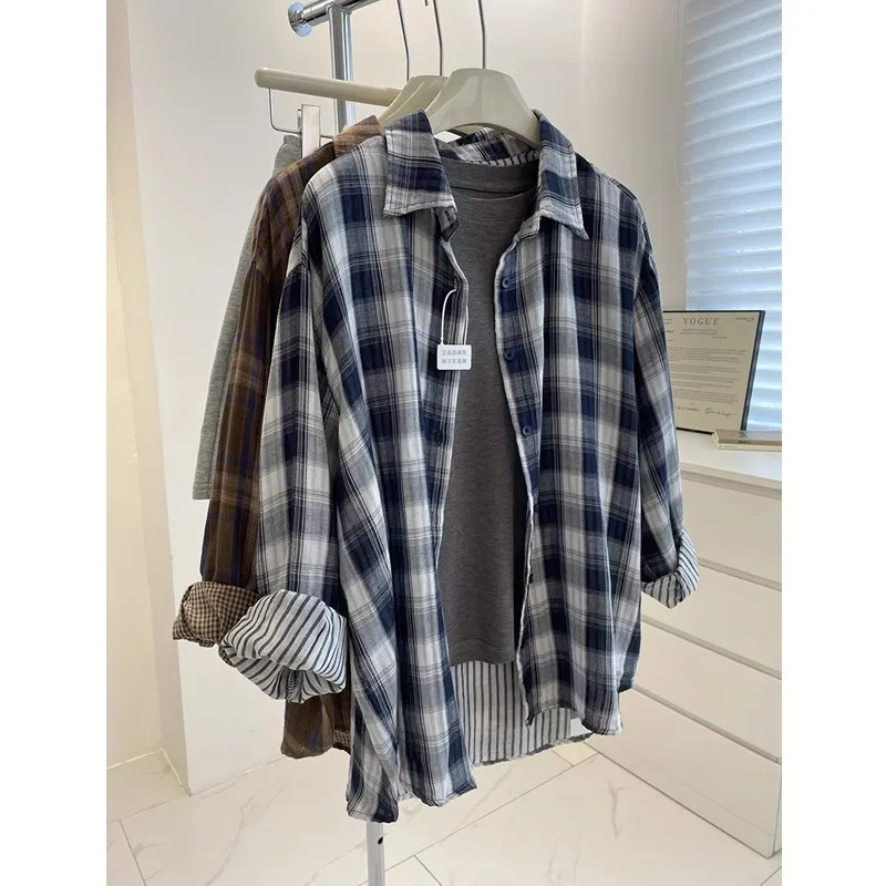 

Американская ретро-рубашка в клетку из двухслойного хлопка, свободного кроя, для ранней осени, с защитой от солнца, тонкая верхняя одежда W...