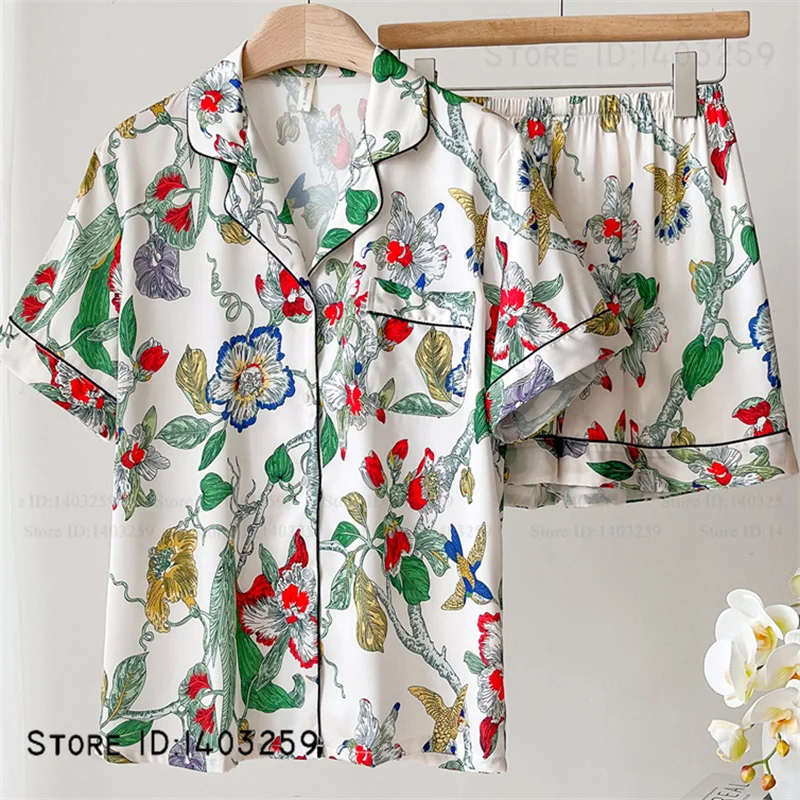 طباعة زهرة الإناث 2 قطعة منامة مجموعة مثير الملابس الداخلية الحميمة ملابس خاصة المتسكعون حريري الساتان بيجامات دعوى فضفاضة ملابس منزلية غير رسمية #1