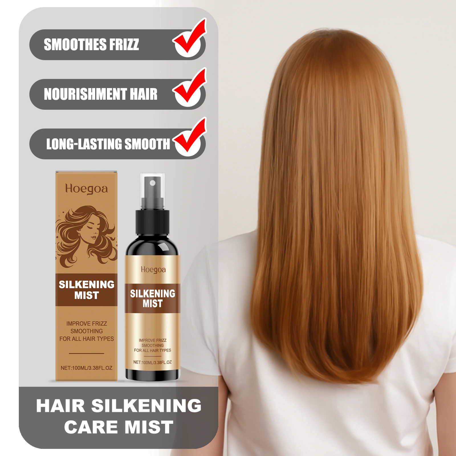 

HOEGOA 100ml Hair Silkening Care Mist Reduces Frizz & Split Ends Make Shiny Smooth Nourishing Hair Long-lasting Effect Polishing
