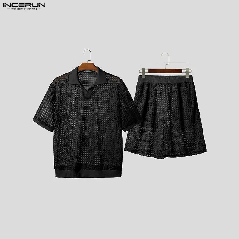 

INCERUN Men Sets Hollow Out See Through Lapel Short Sleeve T Shirt & Shorts Two Piece Sets Streetwear Fashion Men Matching Sets