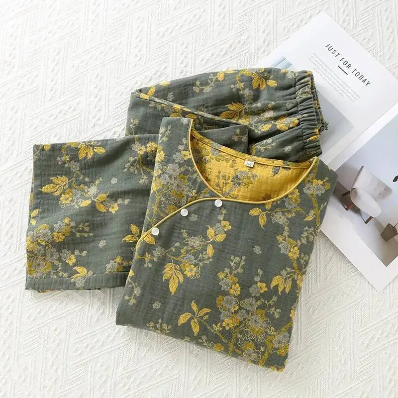 

2024, весенне-осенние женские хлопковые винтажные жаккардовые домашние пижамы с рукавами девять четвертей в китайском стиле, окрашенные в пряже