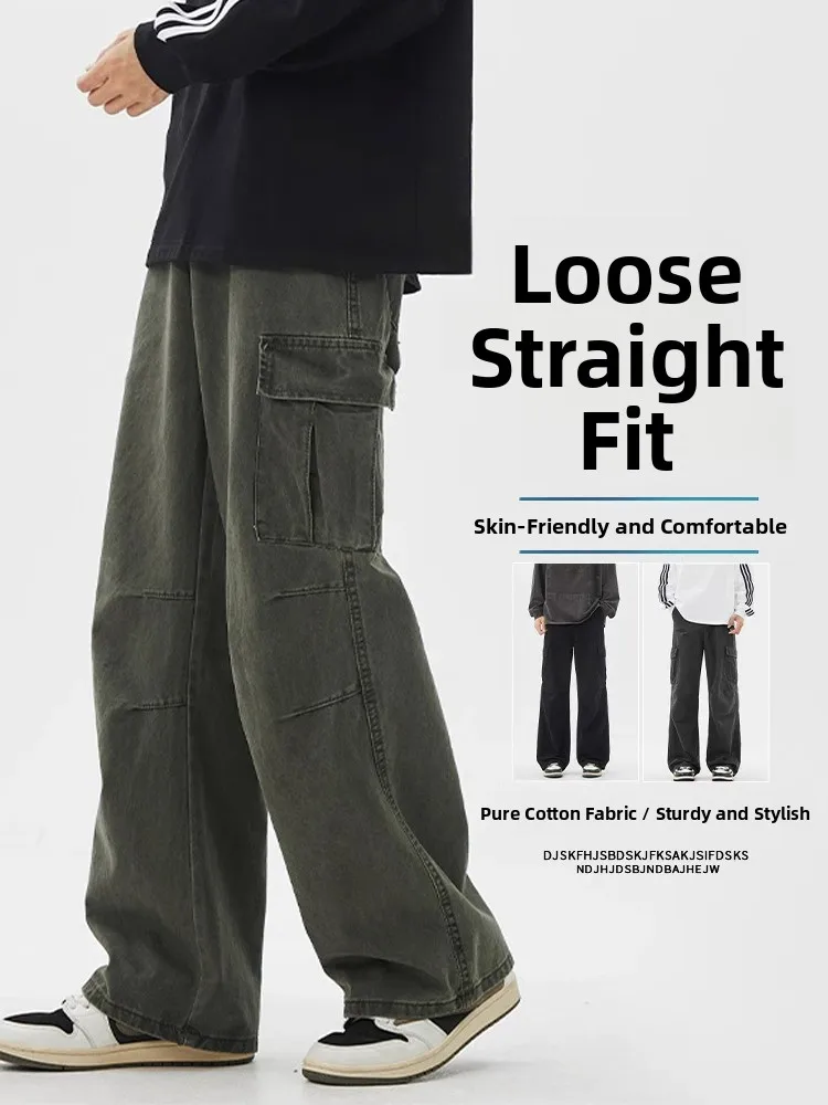 الرجعية الأمريكية ملابس العمل السراويل الرجال ربيع 2025 فضفاض واسعة الساق عادية الدينيم الجينز متعدد كيت الترفيه مستقيم قطع الجينز