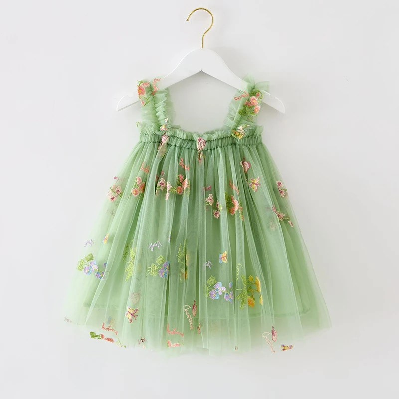 Children Dresses Summer Mesh Cute Girls Dress Floral Embroidery Princess Dress For Girls 1 Birthday Party Suspenders Vestido