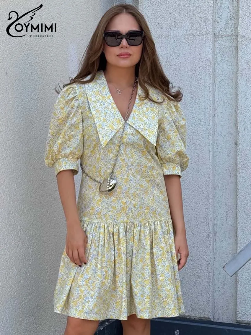 

Oymimi Fashion Yellow Print Dresses 2025 Woman Elegant Turn-Down Collar Half Sleeve Dresses Casual High Waist Pleated Mini Dress