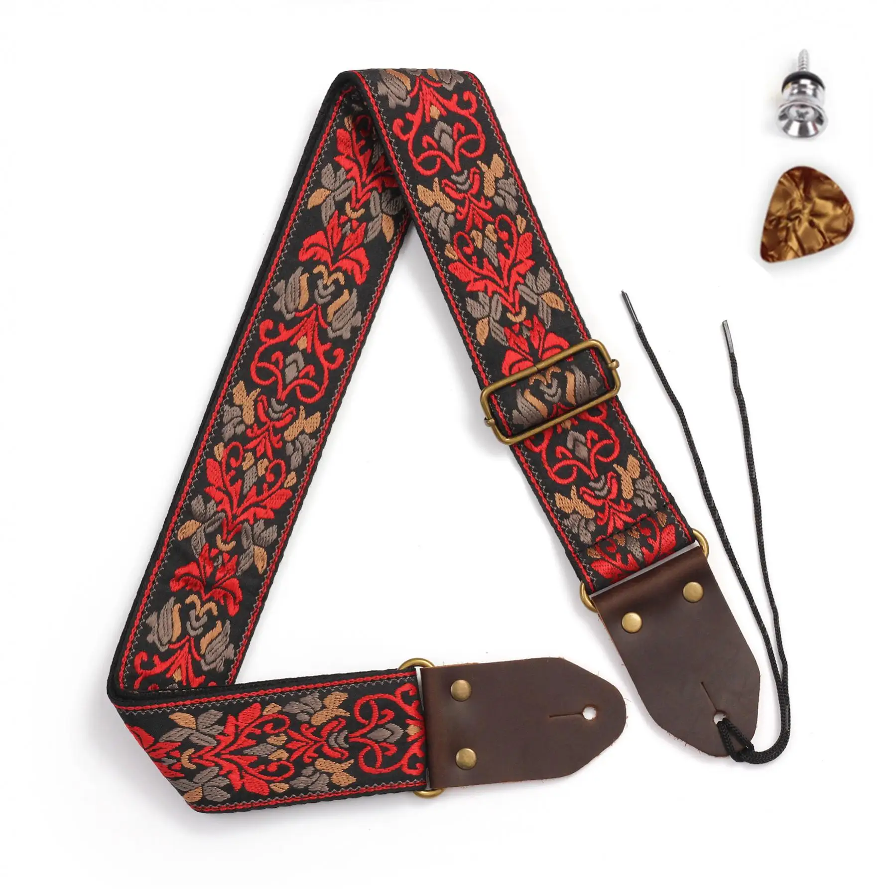 Vintage Flowers Genuine Leather Head Stripes Bohemia Style Guitar Strap for Guitars / Bass, Woven Embroidery Fabrics Strap