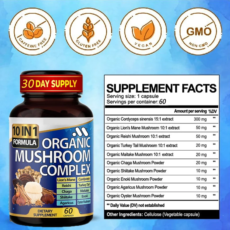 10 in 1 high-strength mushroom supplement: Lion mane, Cordyceps sinensis,Ganoderma lucidum - memory and focused brain supplement