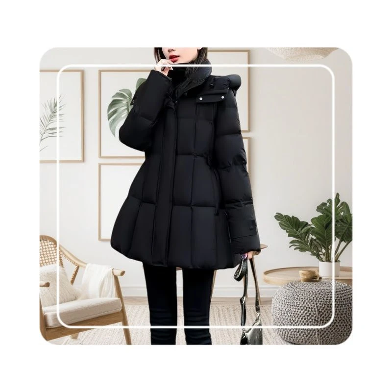 Damska kurtka z bawełnianym wypełnieniem, ocieplana, z bawełny, płaszcz z paskiem, średniej długości, odzież wierzchnia, zimowa moda, dojazdy do pracy, elegancka.