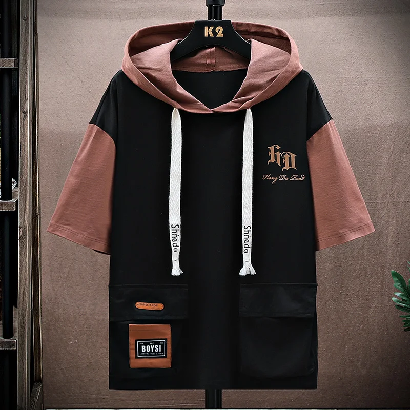 

Casual 2024 Summer Men's Cotton Hooded T-Shirt Streetwear Loose Top Tees Short Sleeve Hoody Youth Outdoor Sports Oversize Tshirt