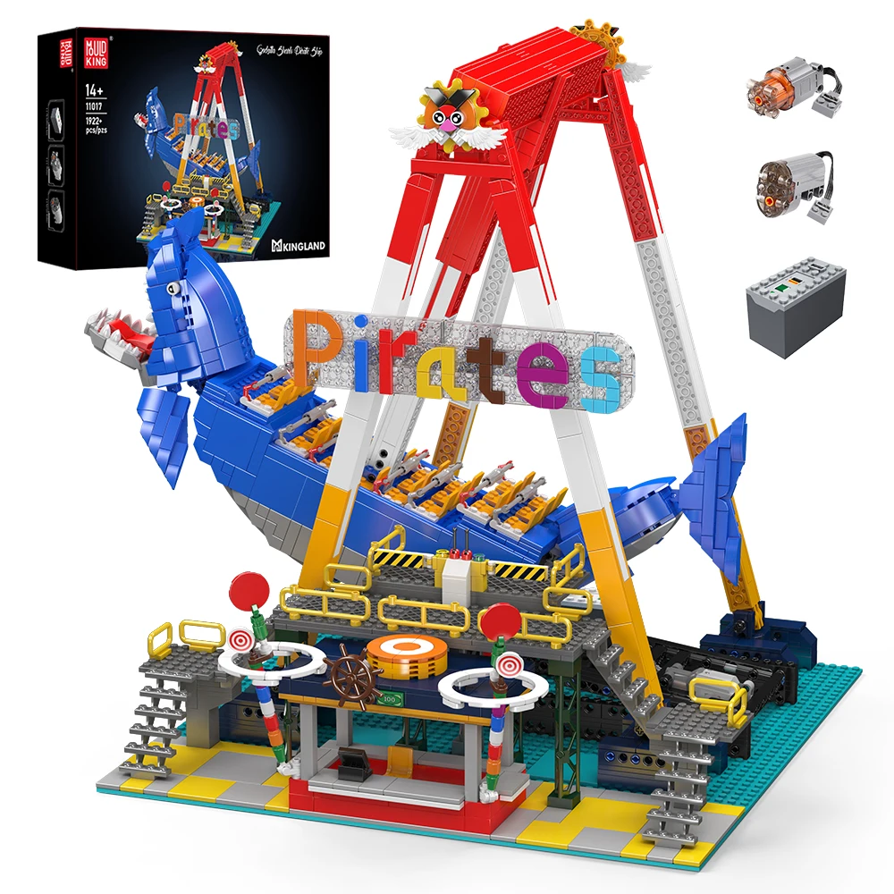 Mould King 11017 Vergnügungspark-Spielzeug: Das motorisierte Drachenhai-Piratenschiff-Baustein-Set mit Achterbahn, Weihnachtsgeschenk für Kinder