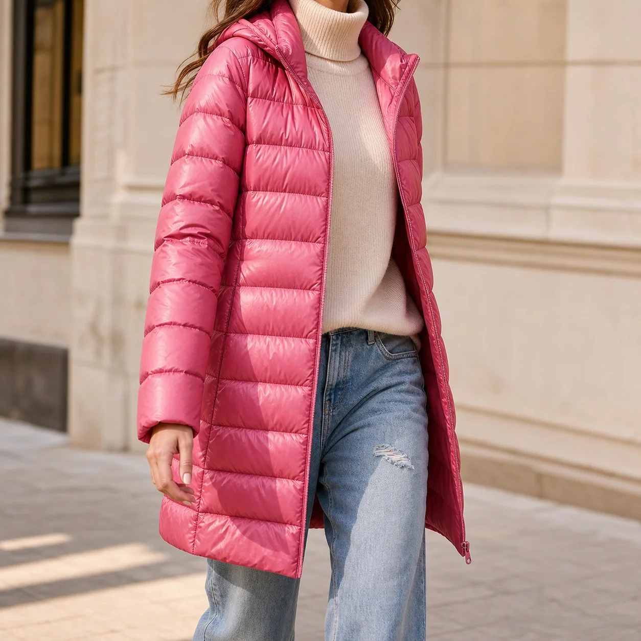 Women Winter Korean Style Lightweight Slim Fit Long Sleeve Jacket with Detachable Hood Zipper Closure Solid Color Breathable