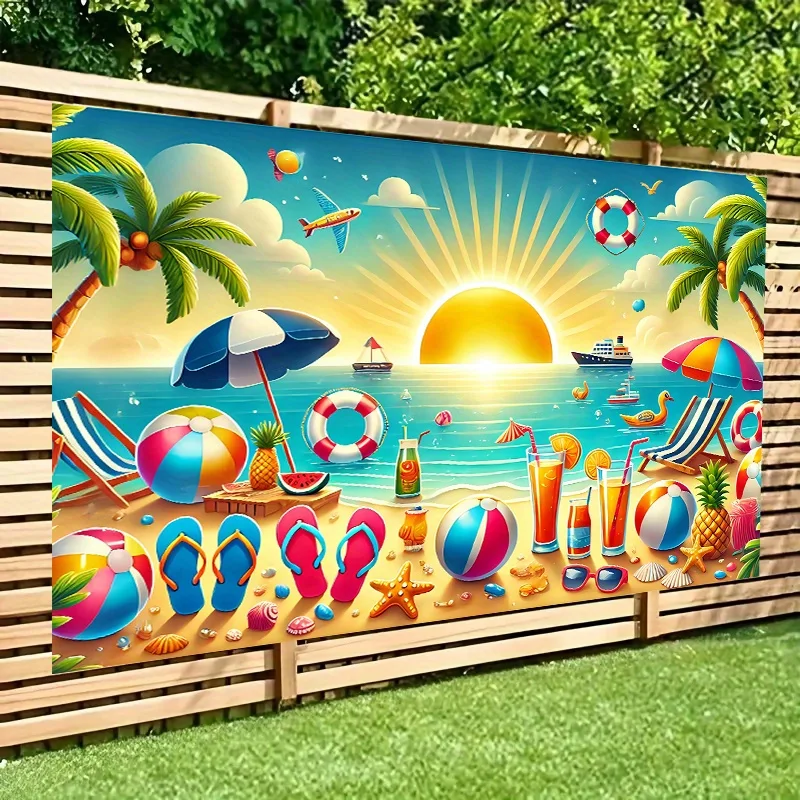 

Hello, Summer Beach Scene Background Banner -8x6 Foot Vibrant Polyester Wallpaper