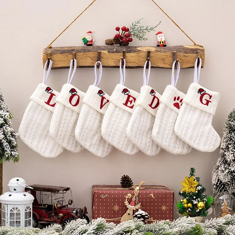 Knitted Christmas Stockings with Embroidered Letters, White Xmas Gift Sacks for Kids Candy Presents, Holiday Home Decorations
