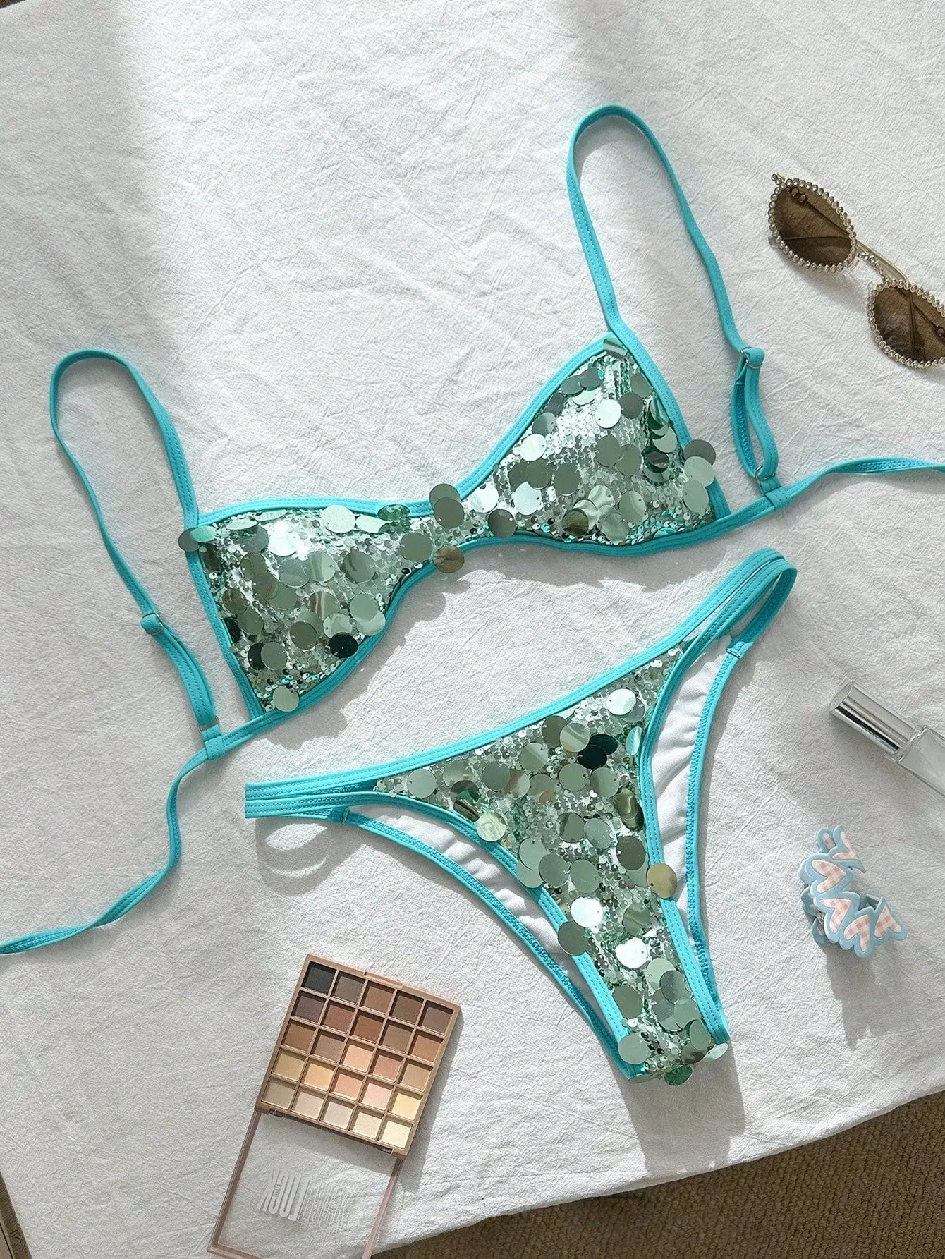 2026 Sequin Bow Tie Open Back Two Piece Bikini Set Women Push Up Triangle Swimsuit Glitter Swimwear Beach Vacation Summer Sexy