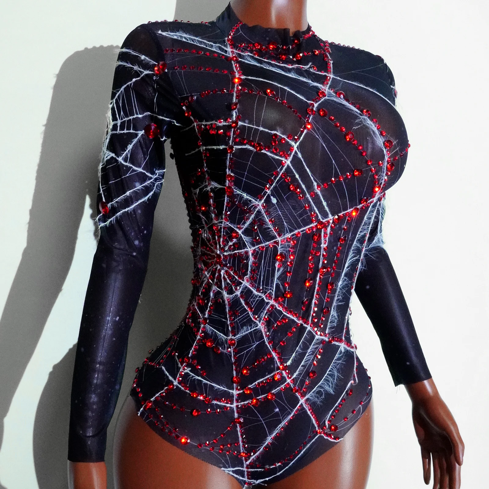 Spider web Leotard ดูผ่านชุดบอดี้สูท Hallowmas คอสเพลย์คลับเวทีพรหมเต้นรําเวทีชุด Drag Queen เครื่องแต่งกายเทศกาล