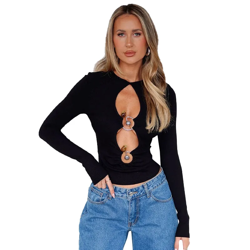 SKMY Summer New Sexy Black Metal Ring Hollow Long Sleeved T-shirt Slim Fit Short Top Women's Clothing