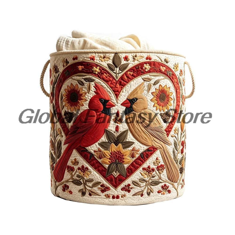 Northern Cardinal Bird Pattern Floral Quilted Laundry Basket Clothes Foldable Storage Bin Home Organizer Hamper with Handles