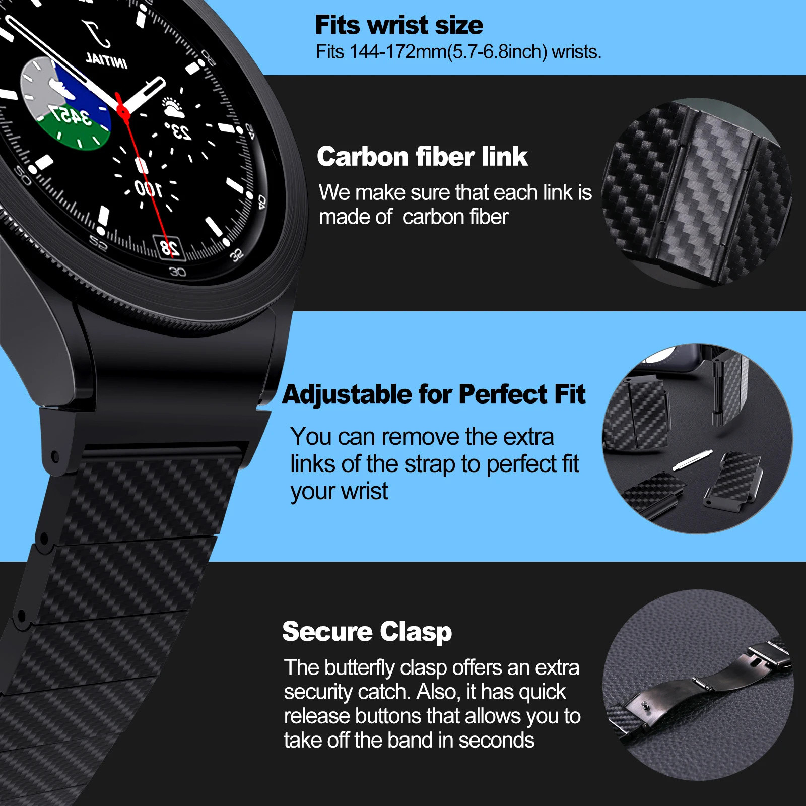 No Gaps Carbon Fiber Band for Samsung Galaxy Watch 4 5 6 7 Strap 44mm 40mm Bracelet for Galaxy 4 6 Classic 42mm 46mm 43mm 47mm