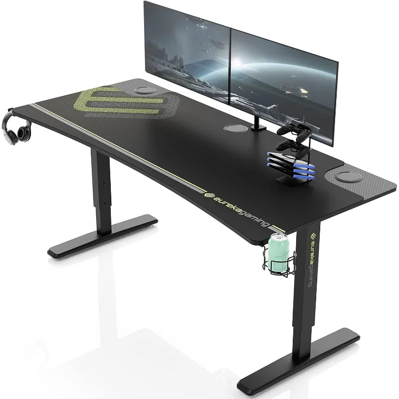 60 Inch Computer Desk Manual Adjustable Height Standing Desk, Home Office Desk with Monitor Stand Shelf Led Lights Strips