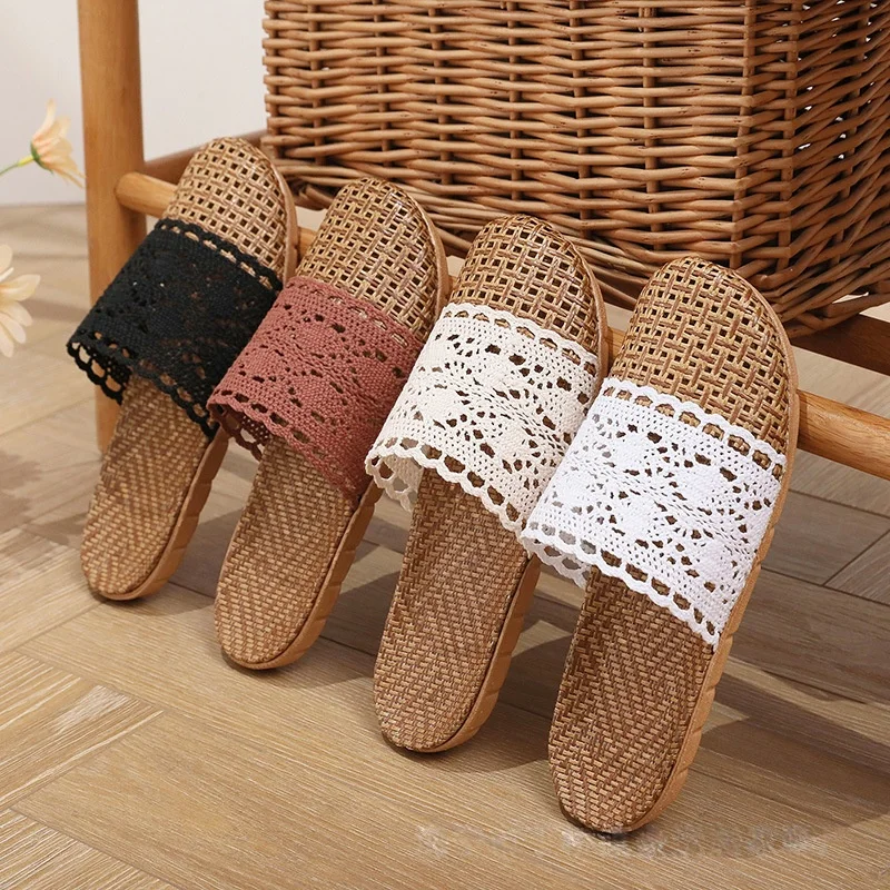 

Women's 2026 New Rattan Grass Lace Slippers Hollow Out Breathable Casual Indoor Outdoor Office Home Slides Sandals