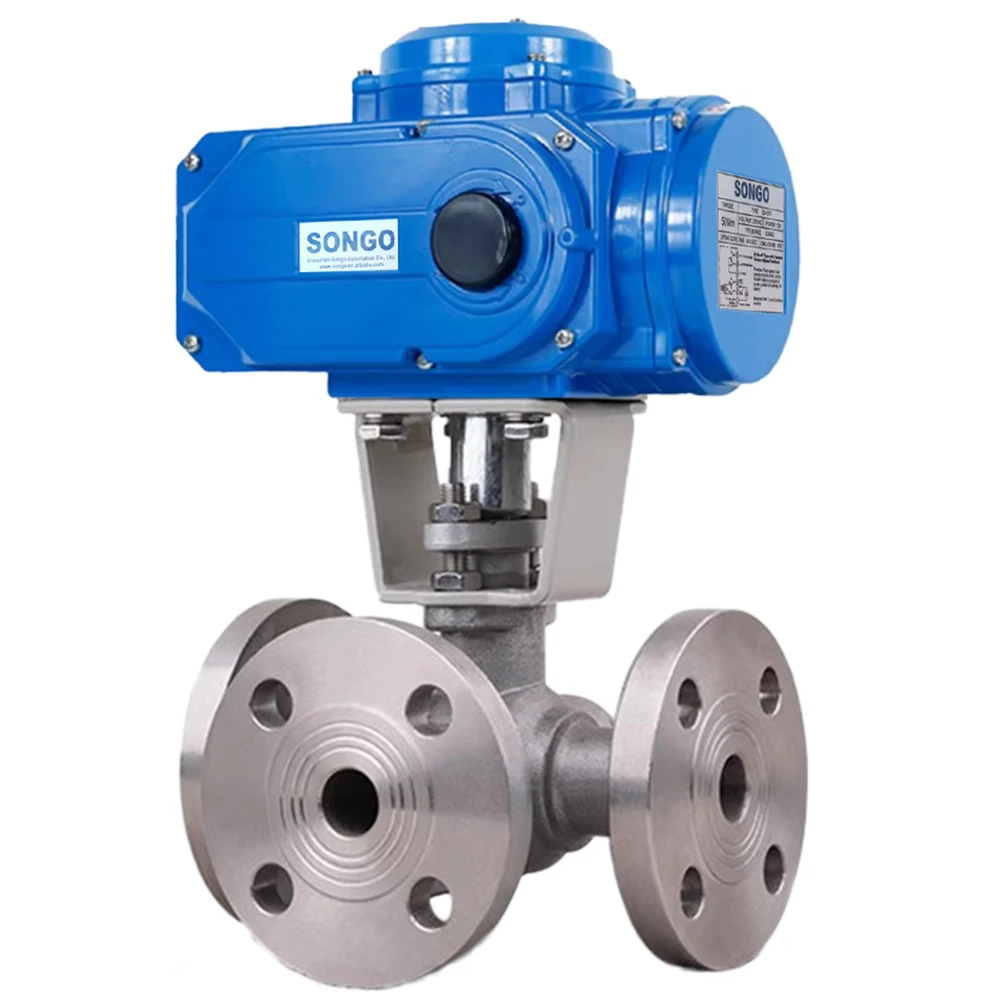 Electric Actuated DC24V On-off 4-20mA RS485 Regulation Type T Port Stainless Steel 304 PN16 3 Way Flange Ball Valve