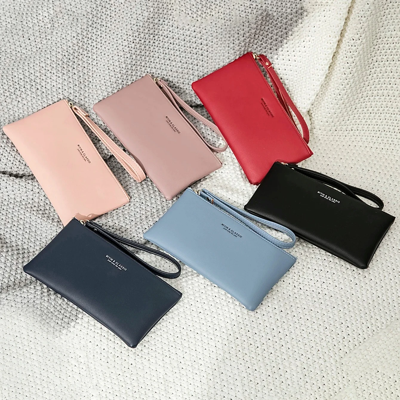 

Korean Women Wristlet Wallet Long PU Leather Wristband Card Holder Multi-Function Clutch Bag Simple Solid Color Thin Long Wallet
