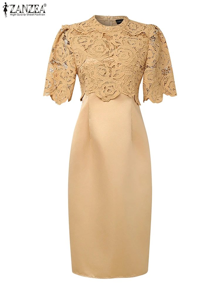 ZANZEA Fashion Summer Patchwork Dresses Women Elegant Party Dress Short Sleeve Work OL Sundress Solid Satin Midi Robe Vestidos