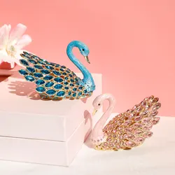 3.7inch Enamel Blue Gems Swan Trinket Box Hinged Hand-Painted Jewelry Storage Ring Holder Keepsake Box Animal Figurine Collectib