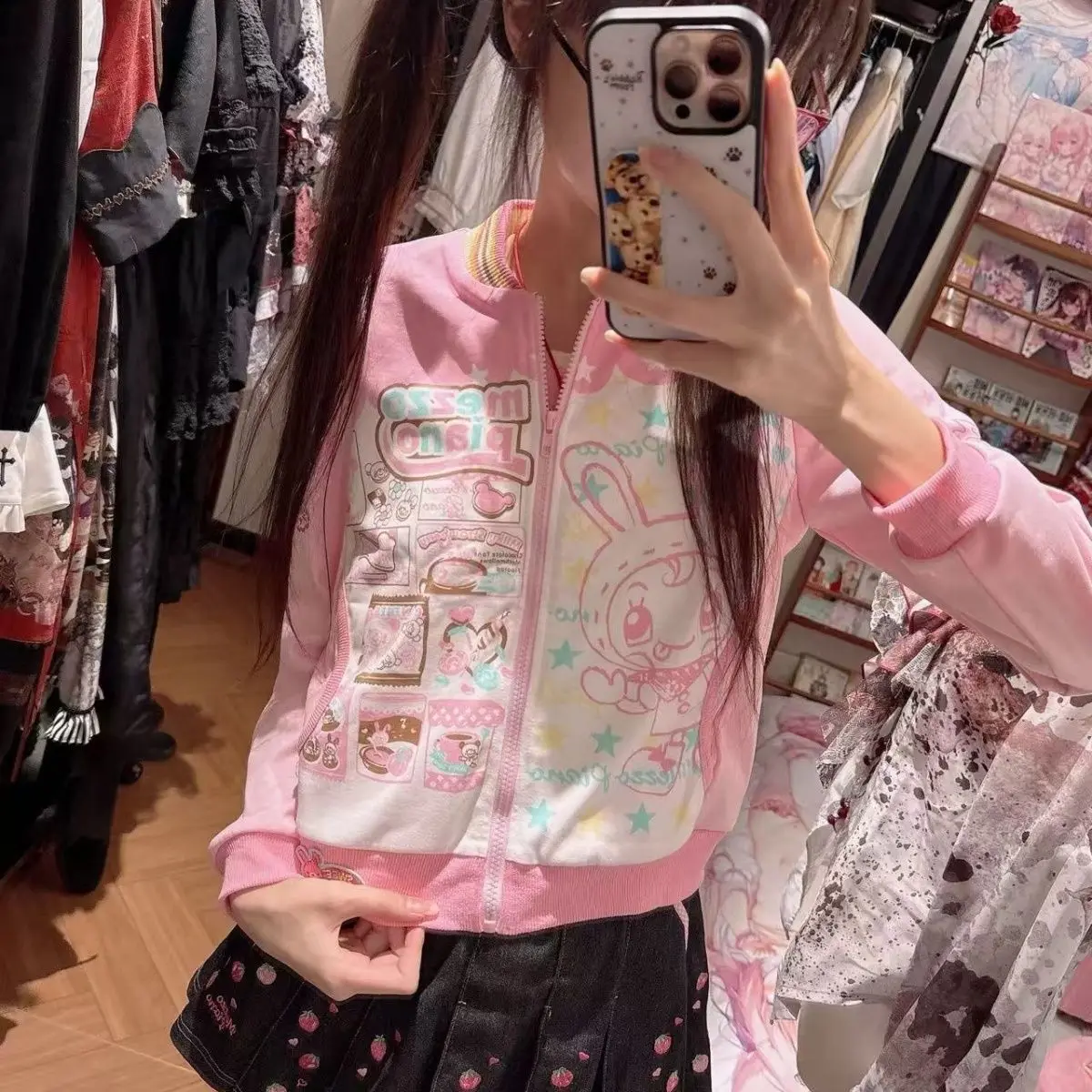 Japanese Cute Cartoon Mp Printed Jojifuku Long-sleeved Zippered Cardigan Autumn New Sweet Girl Pink Baseball Jacket Y2k Top