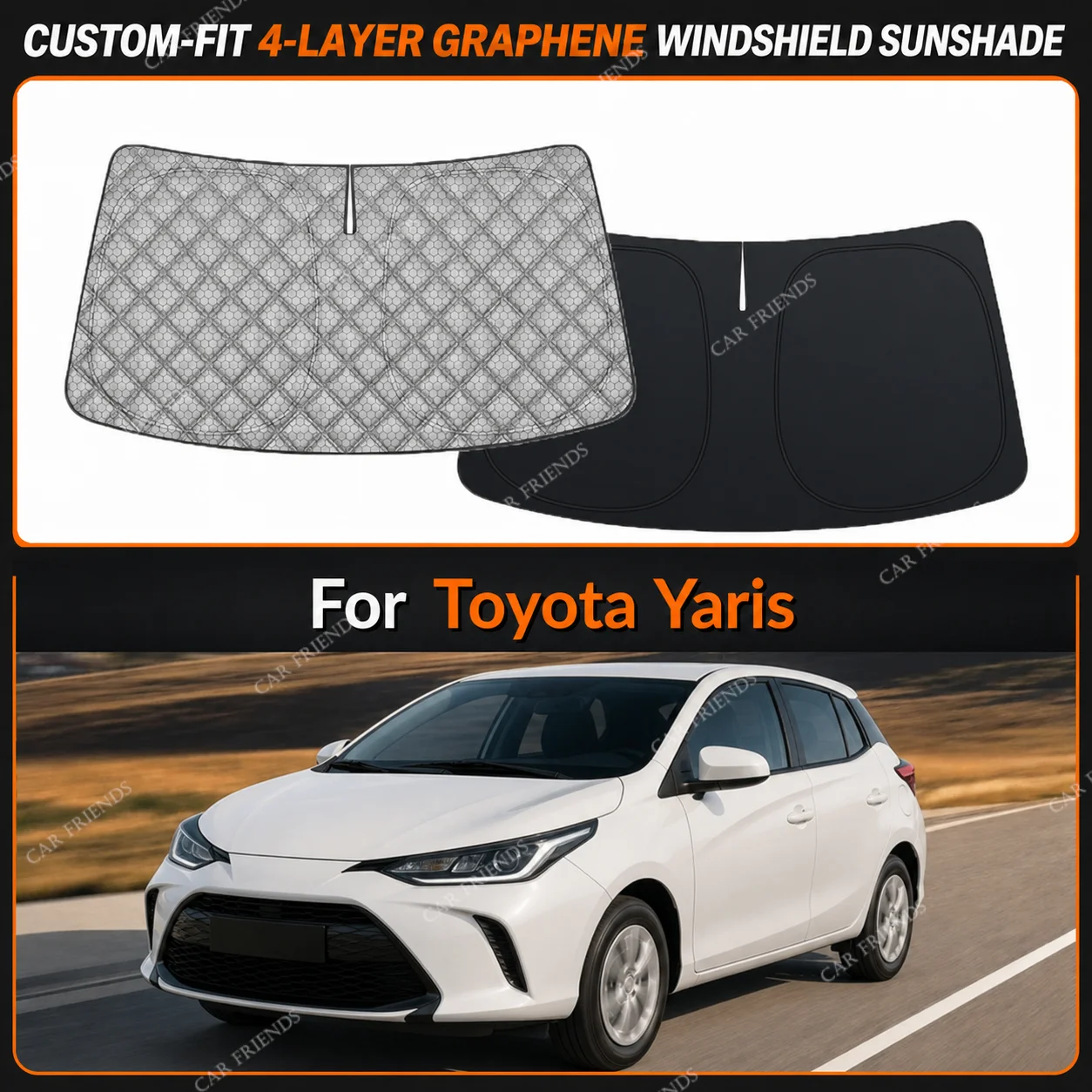 For Toyota Yaris Custom-Fit 4-Layer Graphene Windshield Sunshade Reflective Gray-Silver Surface Helps Reduce Direct Sunlight