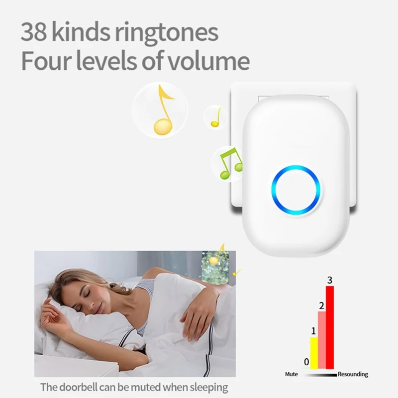 VVNB-جرس الباب اللاسلكي مقاوم للماء جرس الباب الذكي جرس الباب المنزلي ذكي 4-Level التحكم في مستوى الصوت 38 أغنية جرس الباب