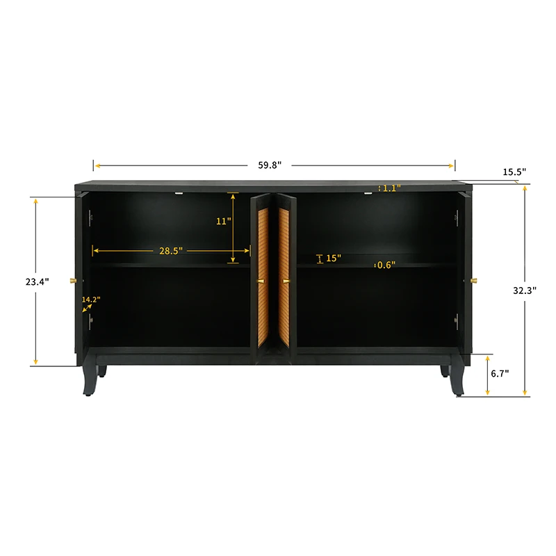 Handgemaakte Premium Graanpanelen, Rotan Bufferkast Met 4 Rotandeuren, Moderne Opbergkast Consoletafel Met