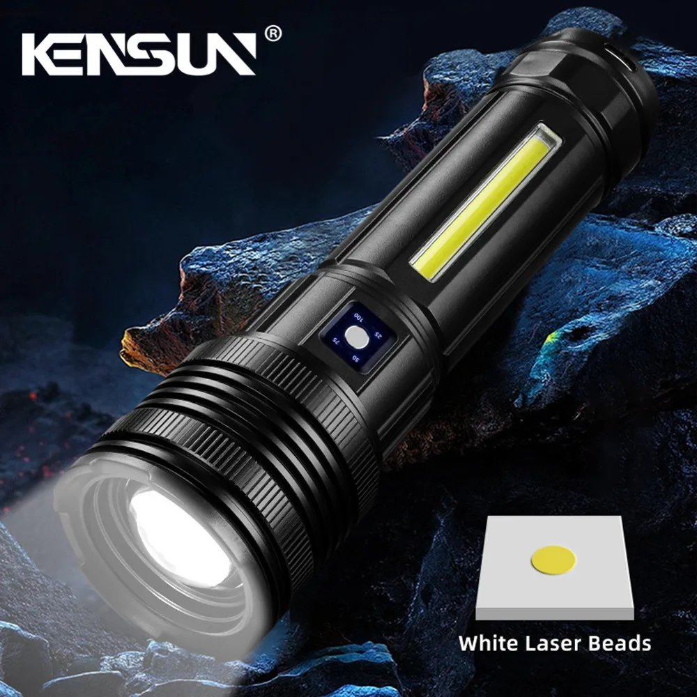 Powerful Spotlight Long Range LED Flashlight With COB side Light Type-C Charging Lantern Tactical Torch for Fishing Camping Lamp