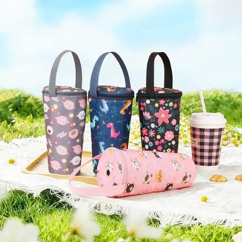 Cute Cartoon Insulated Water Bottle Carrier Bag Waterproof Fabric Portable Handle For School Travel Hiking Daily Use