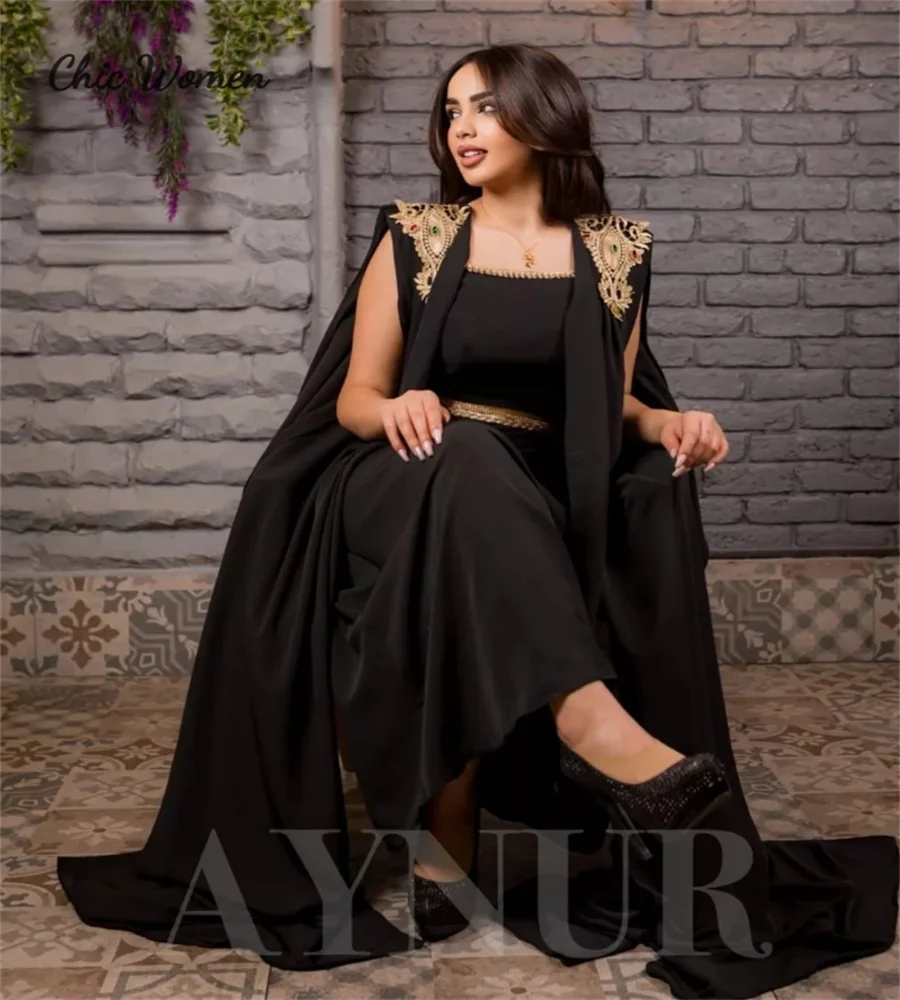 Luxury Saudi Arabic Evening Dress With Gold Appliques Elegant Caftan Moroccan Abaya Dubai Prom Dress Formal Engagement Party