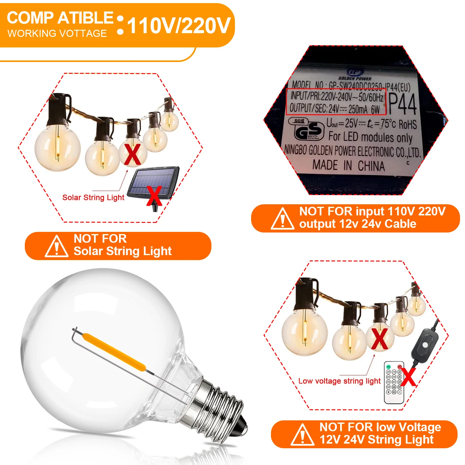 Vintage G40 LED-Lichterkette, Ersatzlampe, 1 W, Kunststoff, bruchsicher, Globus, Mini-Kugellampe, E12-Sockel, 2200 K PET, Edison-Glühbirnen