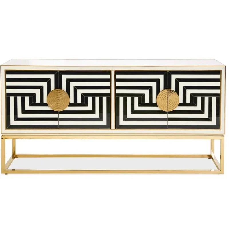 Hot Salesadler Black And White Painted Glass Door With Gold Stainless Steel Base Cabinet Tv Stand For Storage
