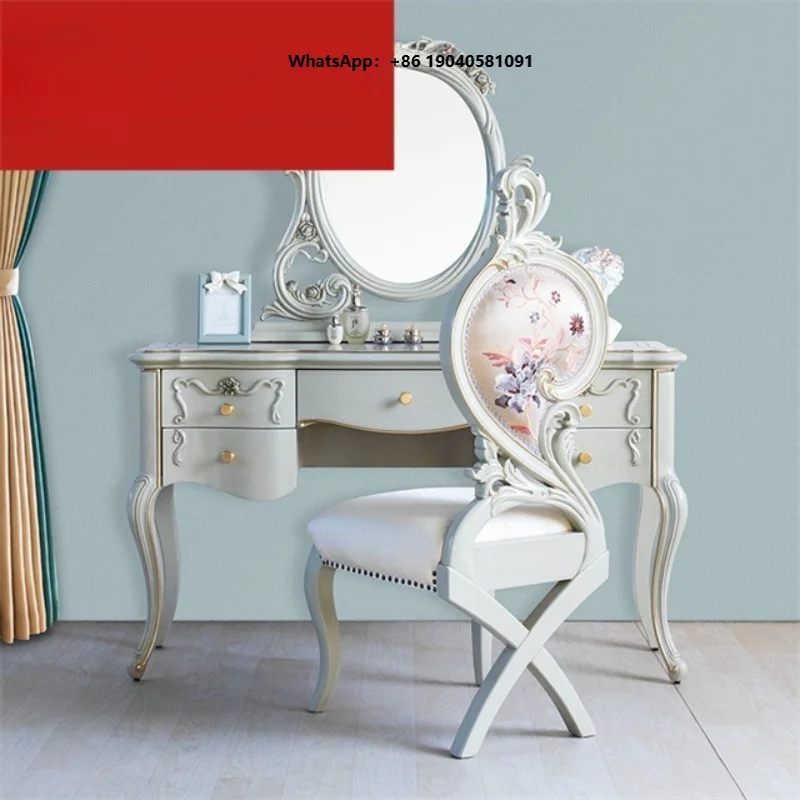 French-style Light Luxury Solid Wood Vanity with Mirror, High-end Carved Princess Neoclassical Dressing Table